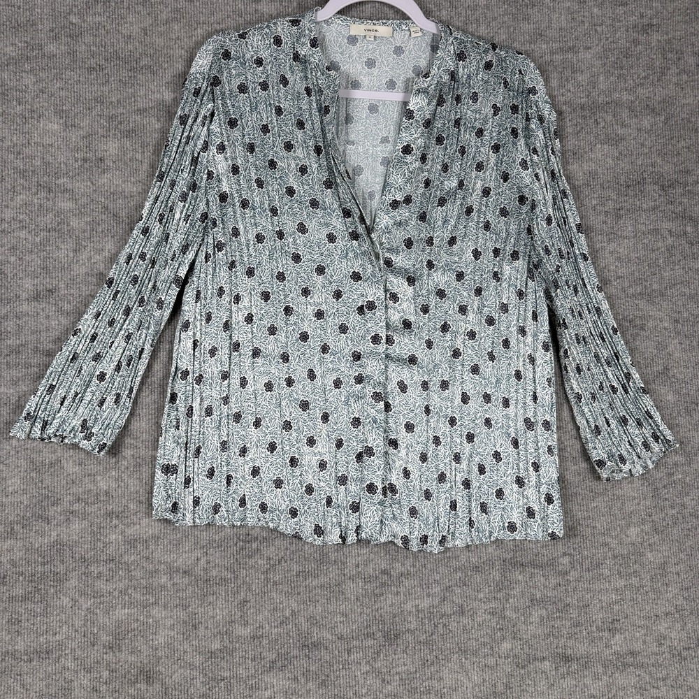 Vince Size-M Womens Blouse Floral Accordion Pleated Light Blue